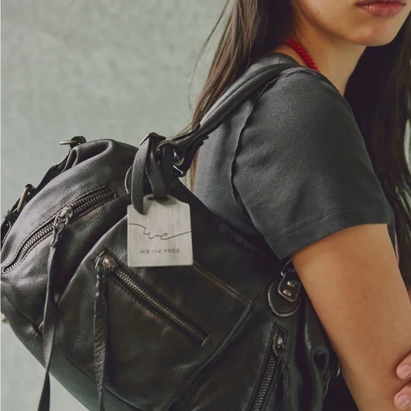 $178! Free People We The Free BABY EMERSON LEATHER TOTE BAG Black NEW - Picture 7 of 9